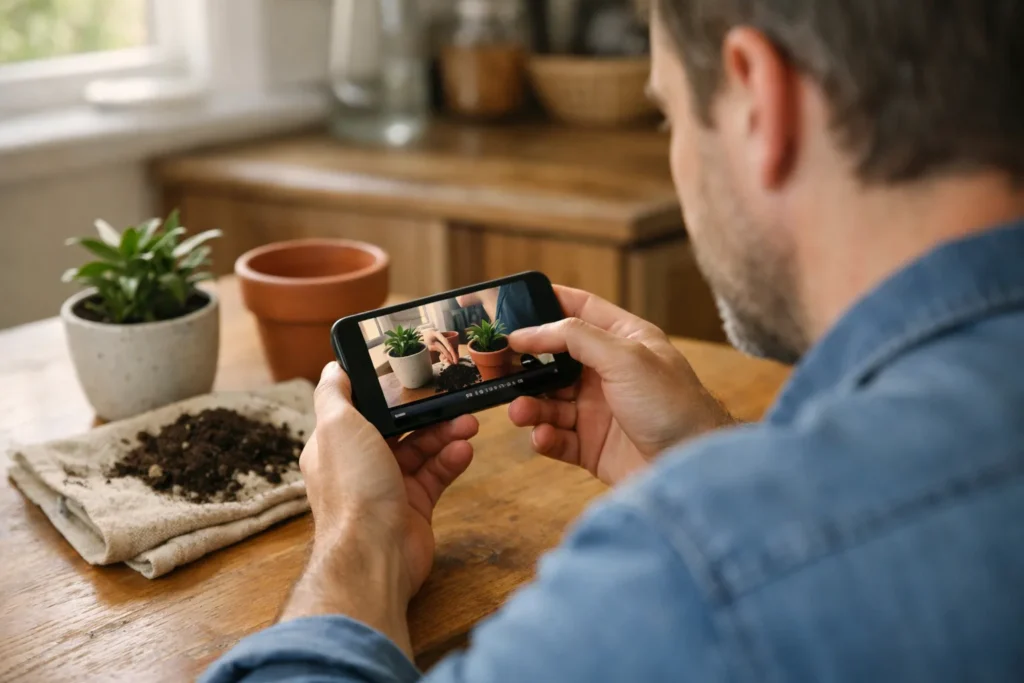 Persoon bekijkt een video op de telefoon aan een keukentafel met een plant en bloempot.
