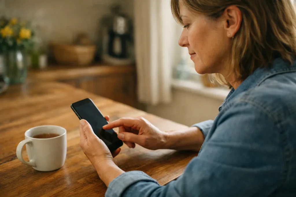 Persoon zoekt aan de keukentafel op een smartphone naar een eerder bekeken Facebook Reel.