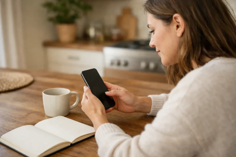 Iemand zoekt op een smartphone naar een eerder bekeken Instagram Reel aan de keukentafel.