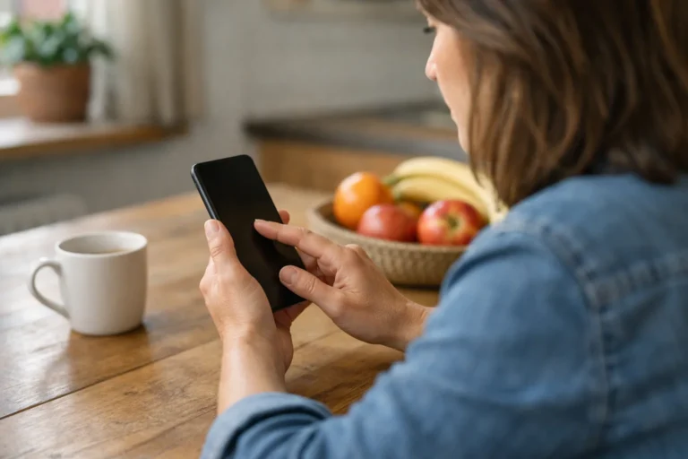 Iemand zoekt aan de keukentafel op een telefoon naar een eerder bekeken TikTok video.