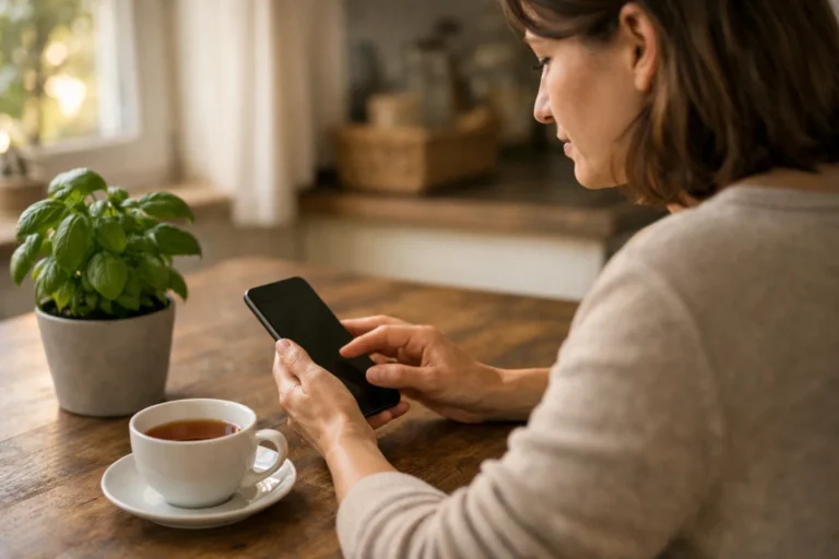 Persoon zoekt op een smartphone naar een eerder gelikete Reel aan de keukentafel.