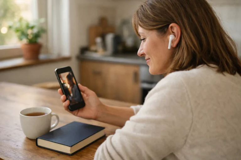 Persoon aan de keukentafel kijkt met oortjes in naar een live uitzending op een smartphone.