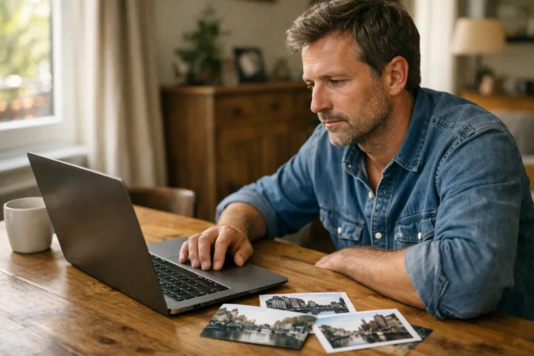 Persoon zoekt thuis op een laptop naar een oud bericht, met vakantiefoto’s naast zich.