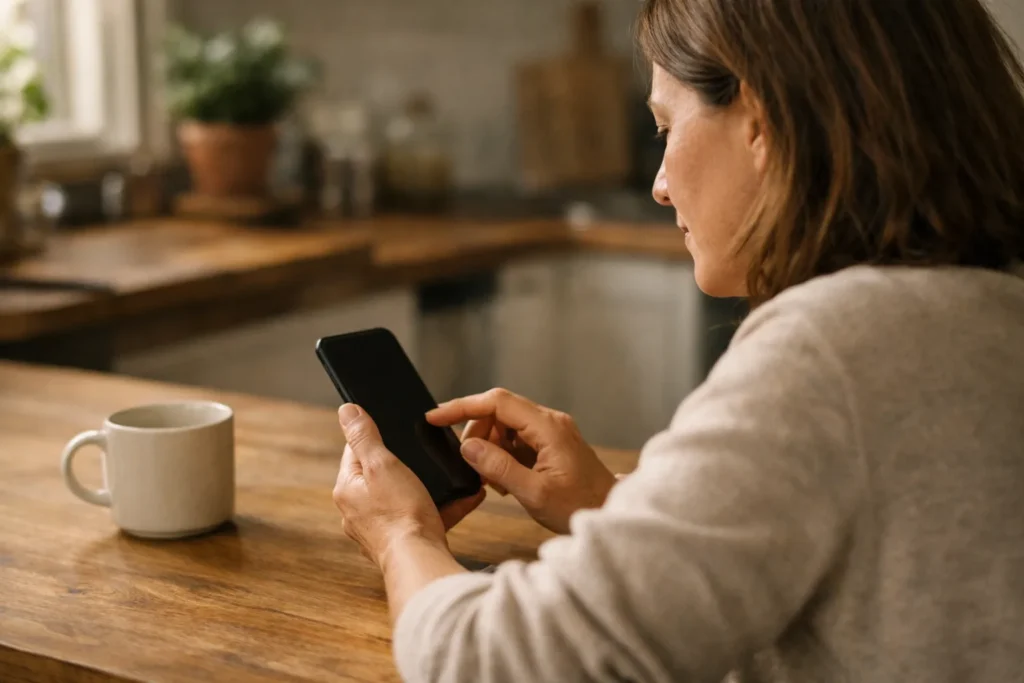 Persoon aan de keukentafel die op een telefoon naar een opgeslagen video zoekt