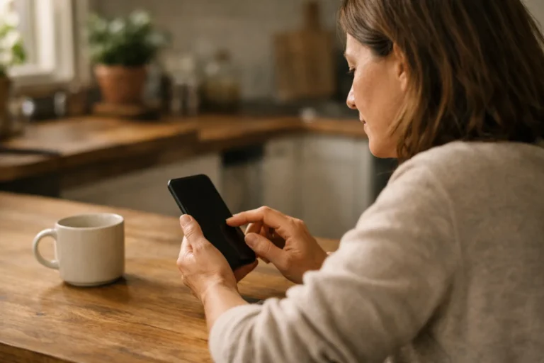 Persoon aan de keukentafel die op een telefoon naar een opgeslagen video zoekt