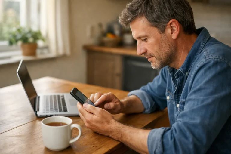 Persoon zoekt op een telefoon naar een opgeslagen Facebook bericht aan de keukentafel.