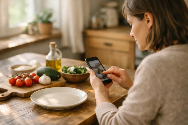 Persoon zoekt op een smartphone een bewaard recept terug aan de keukentafel.