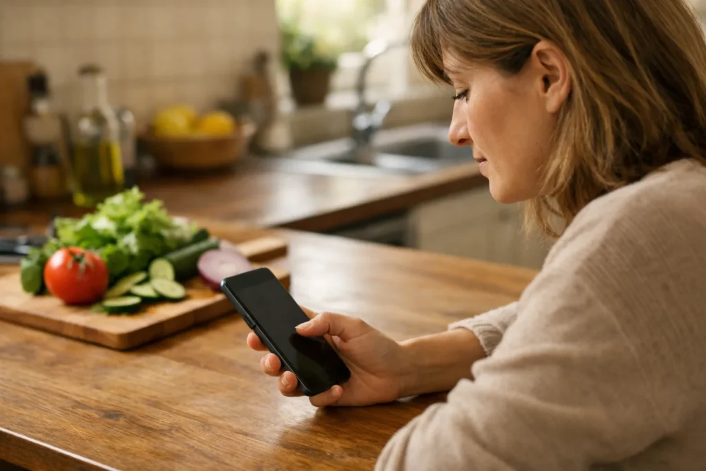 Een persoon zoekt op een telefoon naar een bewaard receptfilmpje aan de keukentafel.