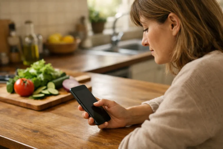 Een persoon zoekt op een telefoon naar een bewaard receptfilmpje aan de keukentafel.