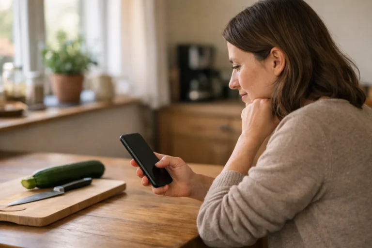 Persoon bekijkt een smartphone aan de keukentafel om een bewaarde kookvideo terug te vinden.