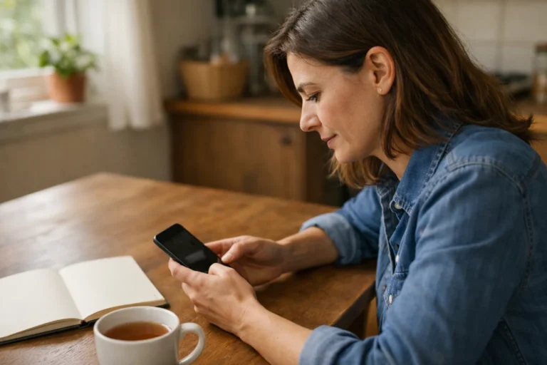 Persoon zoekt op een smartphone naar een eerder opgeslagen Facebook video aan de keukentafel.