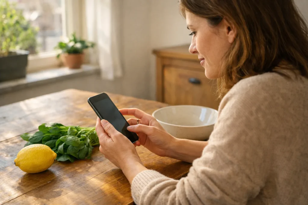 Persoon zoekt op een telefoon naar een bewaarde kookvideo aan de keukentafel.