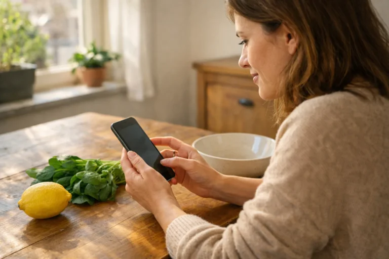 Persoon zoekt op een telefoon naar een bewaarde kookvideo aan de keukentafel.