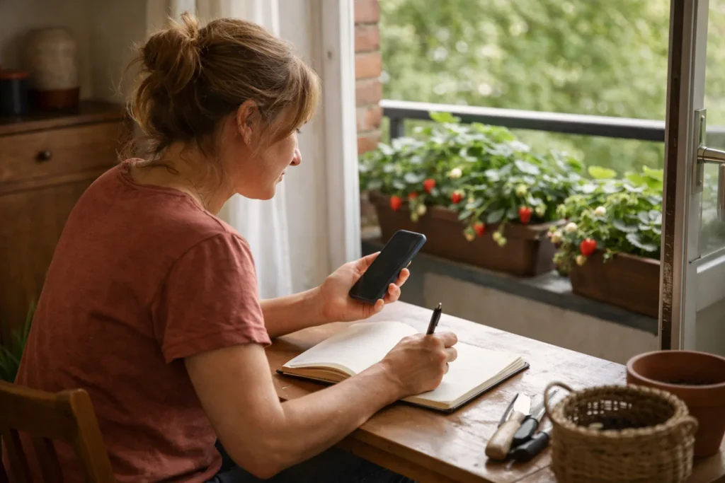 Iemand bekijkt een telefoon en maakt aantekeningen aan een keukentafel naast een open balkondeur met aardbeienplanten.