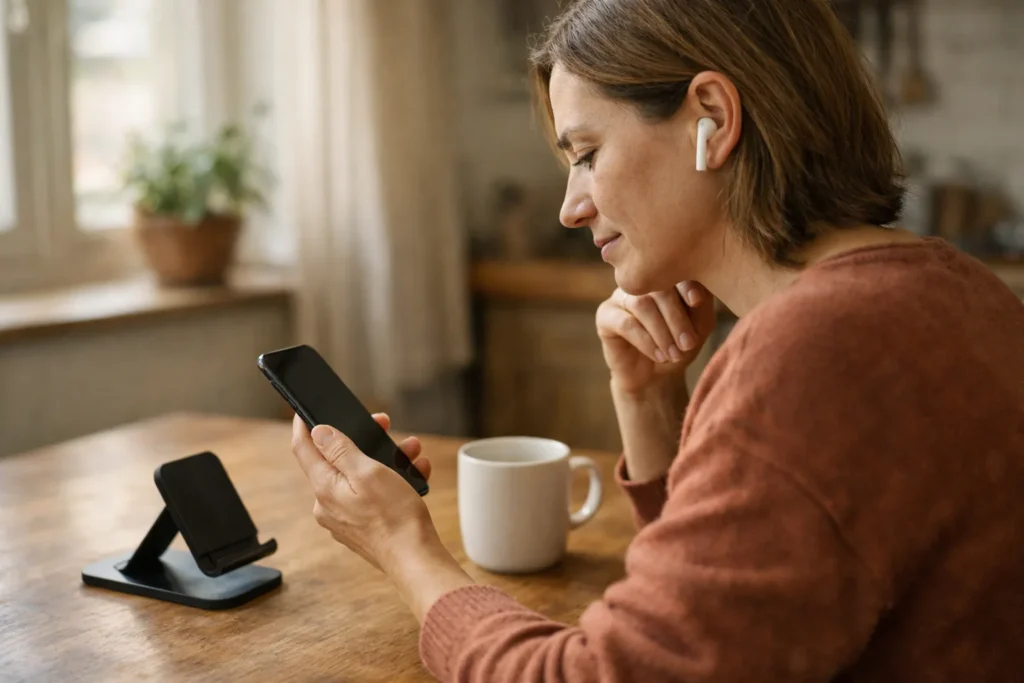 Iemand luistert met oordopjes naar geluiden op een telefoon aan de keukentafel.