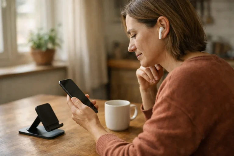 Iemand luistert met oordopjes naar geluiden op een telefoon aan de keukentafel.