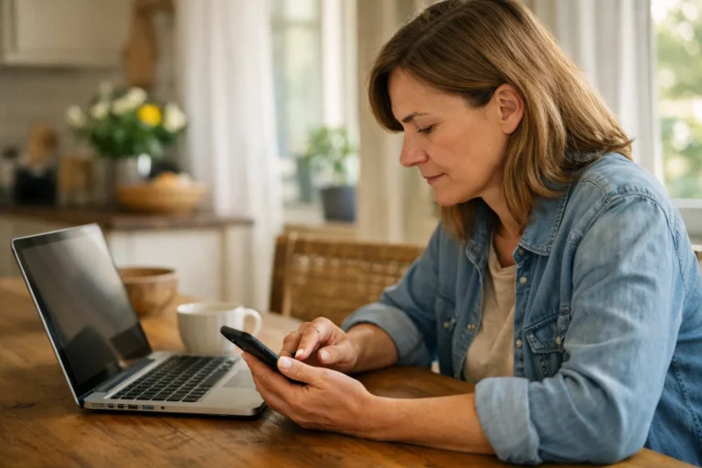 Persoon zoekt op een smartphone naar een eerder bekeken Facebook video aan de keukentafel.