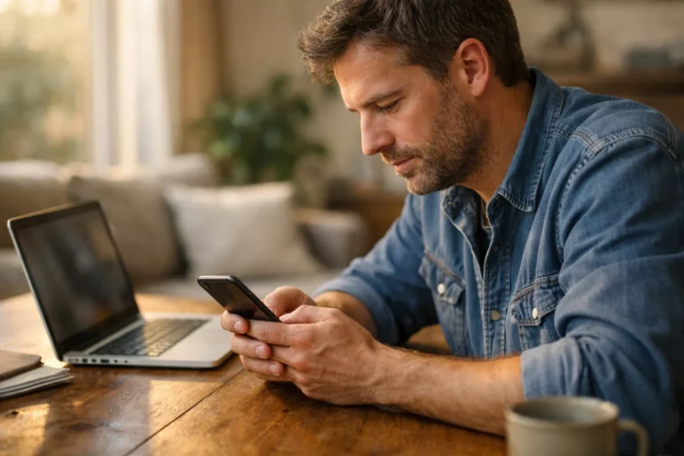 Persoon zoekt op een smartphone naar een opgeslagen wachtwoord, met een laptop ernaast.