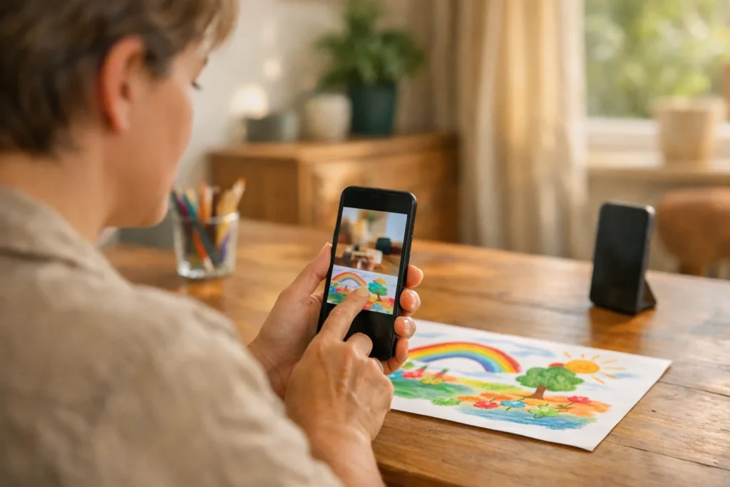 Persoon richt de achtercamera van een telefoon op een tekening op tafel tijdens een live uitzending.
