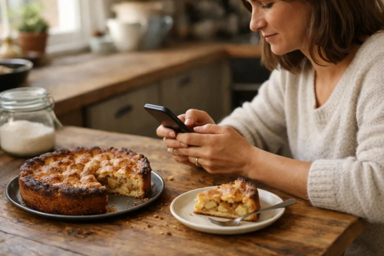Persoon typt op een telefoon aan de keukentafel naast een zelfgebakken appeltaart.
