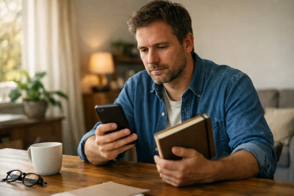 Persoon bekijkt thuis een smartphone om een abonnement voor Instagram af te wegen.