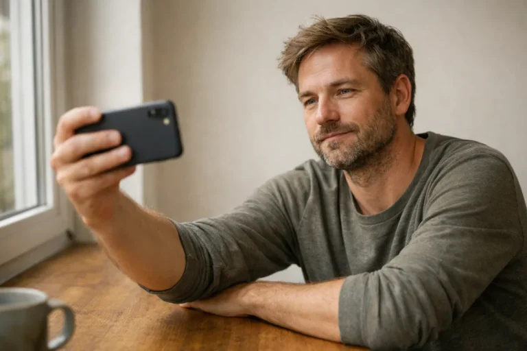 Een persoon maakt thuis bij het raam een selfie om een tekenfilter te proberen.