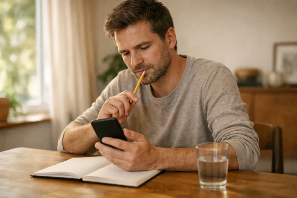 Persoon aan een houten tafel die met een telefoon en notitieboek nadenkt over een gebruikersnaam.