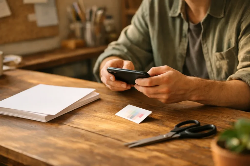 Persoon die met een smartphone een proefkaartje controleert voordat de flyers worden gedrukt