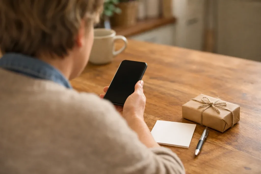 Persoon kijkt op een telefoon met een verjaardagskaart en een klein cadeau op tafel.