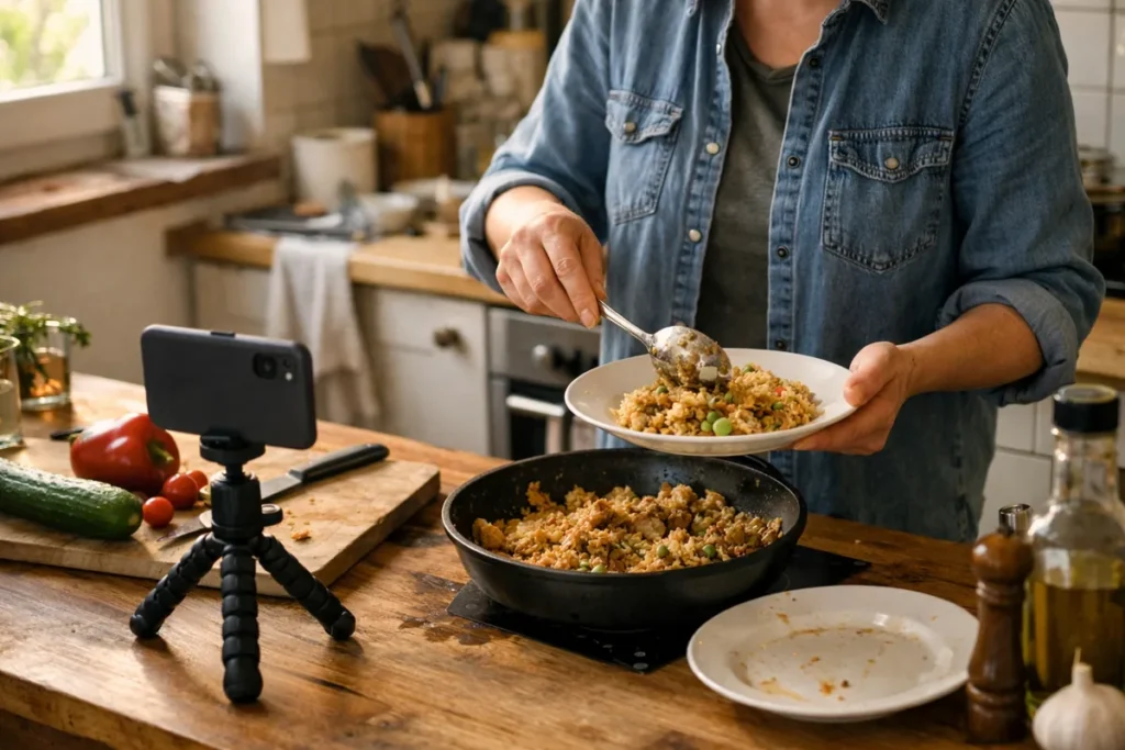 Persoon filmt thuis een eenvoudig gerecht met een telefoon op een klein statief.