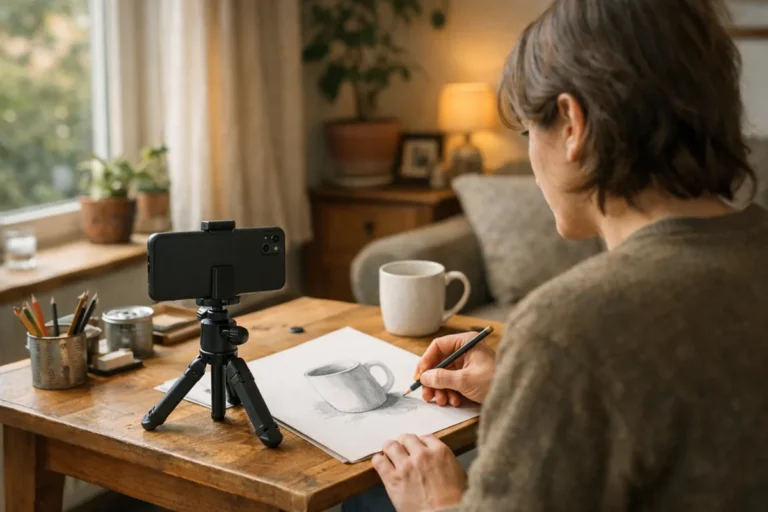 Persoon filmt aan een tafel een korte tekenvideo met een telefoon op een statief.