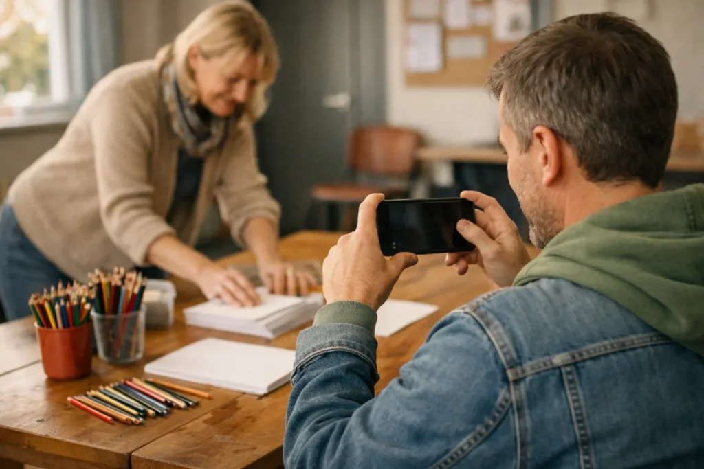 Vrijwilliger fotografeert de voorbereidingen van een tekenmiddag voor de Facebookpagina van de buurtvereniging.