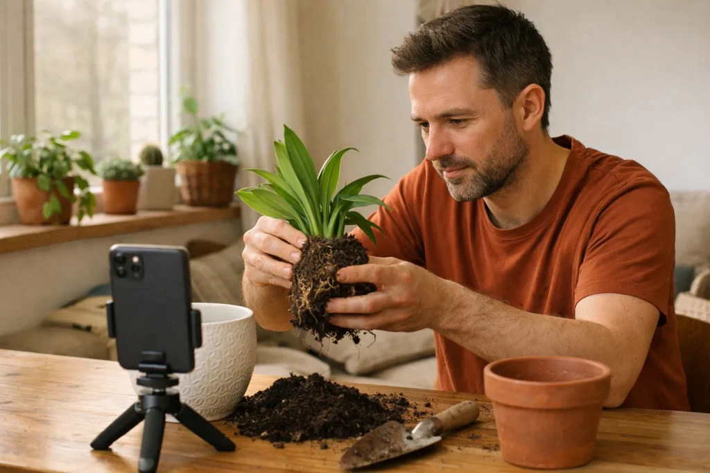 Iemand filmt thuis een korte video over het verzorgen van een kamerplant.