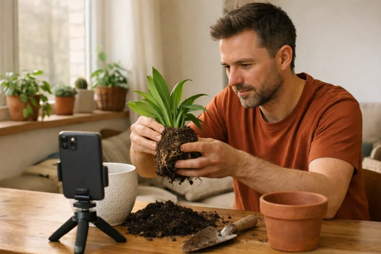 Iemand filmt thuis een korte video over het verzorgen van een kamerplant.