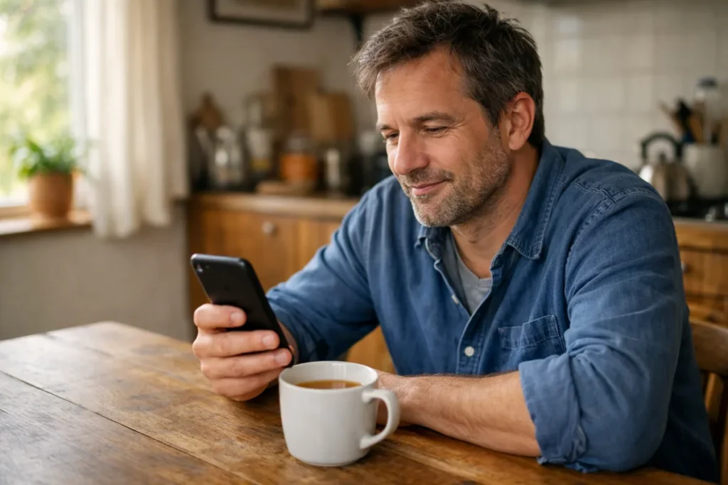 Persoon die aan de keukentafel rustig een smartphone bekijkt.