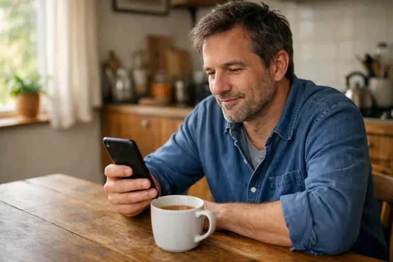 Persoon die aan de keukentafel rustig een smartphone bekijkt.