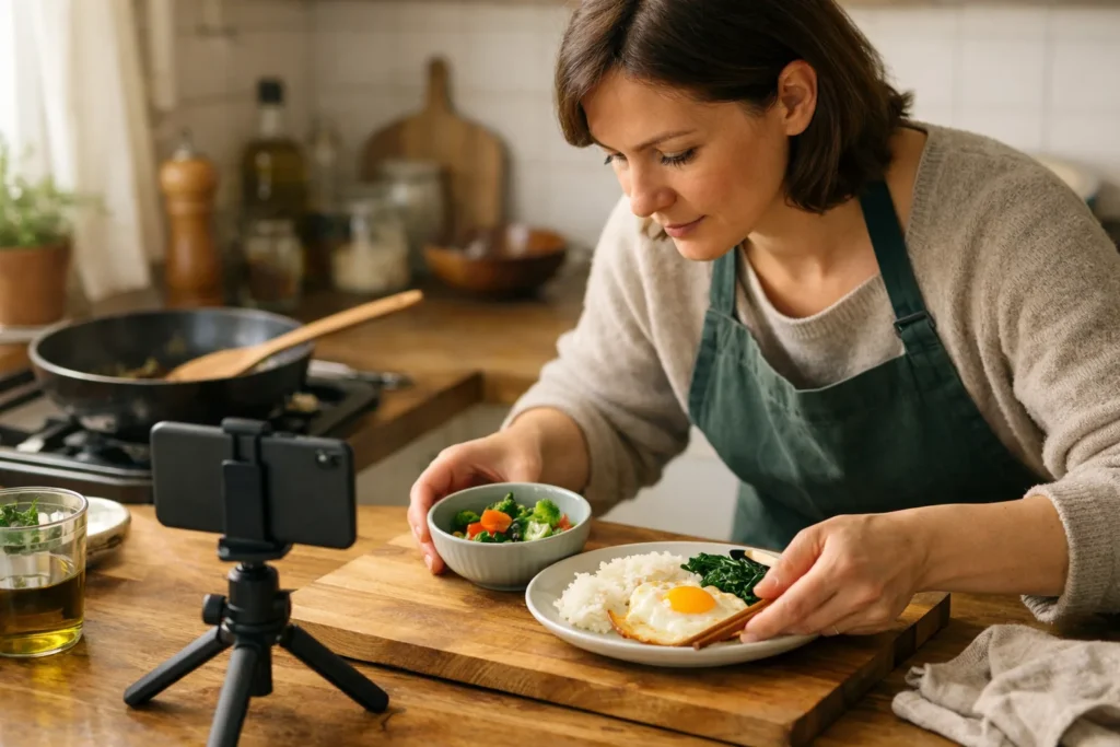 Iemand filmt in de keuken een eenvoudige lunch voor een TikTok video.
