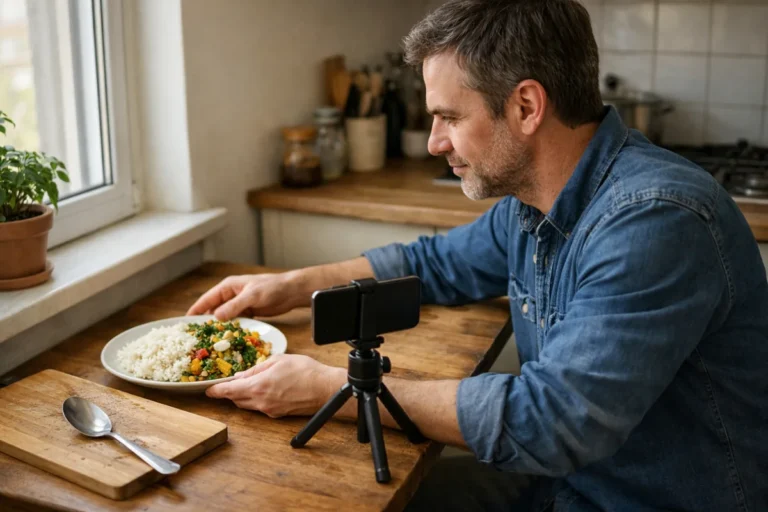 Persoon filmt thuis een bord lunch met een smartphone bij het raam.