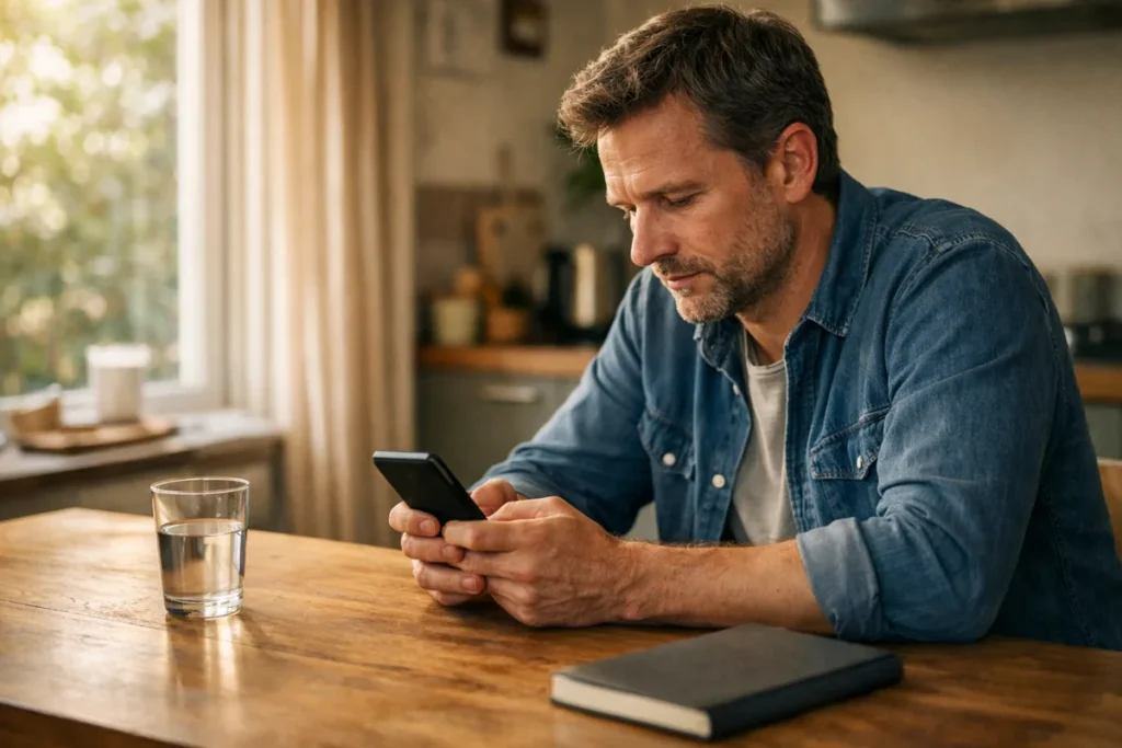Persoon bekijkt aandachtig een smartphone aan de keukentafel.