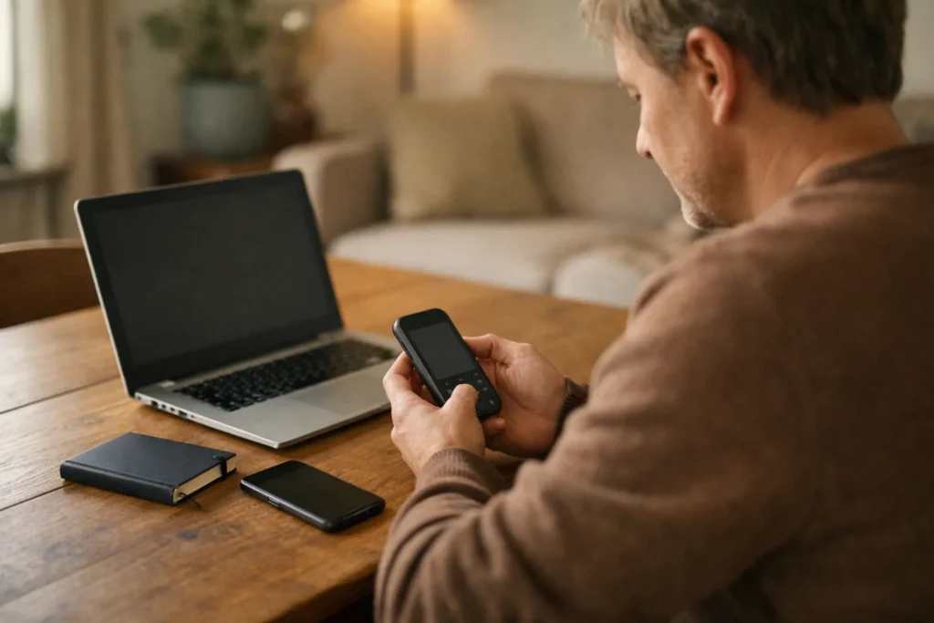 Iemand controleert een oude telefoon naast een laptop om weer toegang tot Instagram te krijgen.