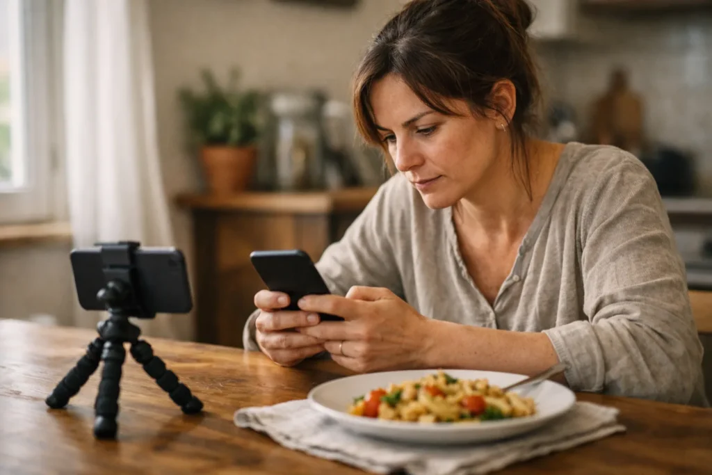 Persoon bekijkt een smartphone aan de keukentafel na het opnemen van een korte kookvideo.