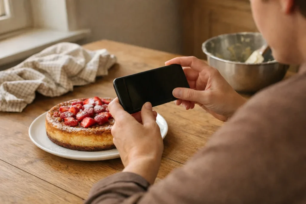 Persoon fotografeert een zelfgebakken taart bij het raam met een smartphone.