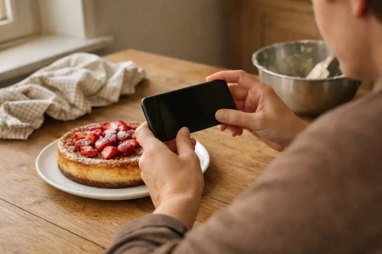 Persoon fotografeert een zelfgebakken taart bij het raam met een smartphone.