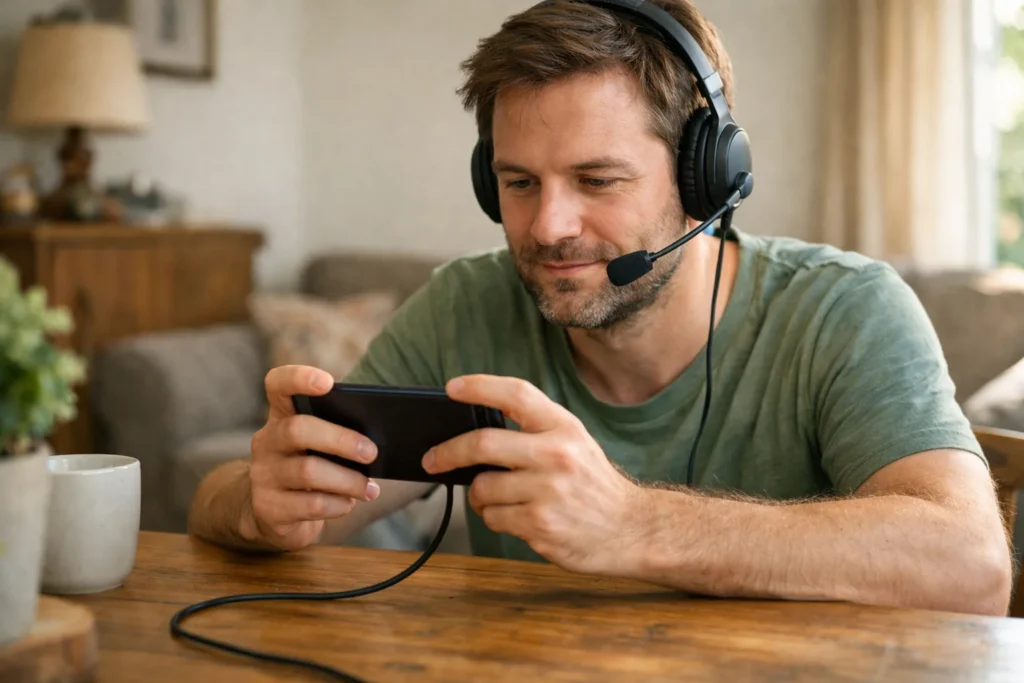 Persoon speelt aan tafel een mobiele game op een telefoon en draagt een koptelefoon met microfoon.