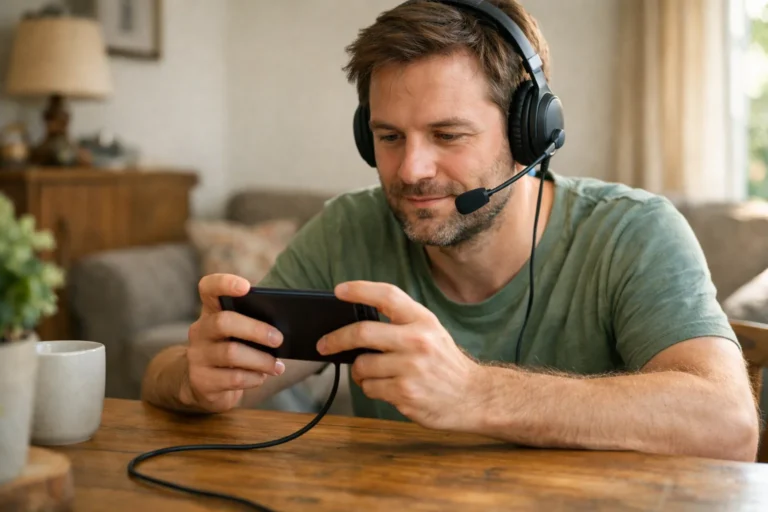 Persoon speelt aan tafel een mobiele game op een telefoon en draagt een koptelefoon met microfoon.