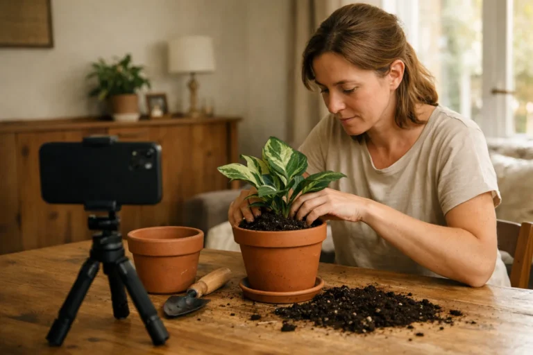 Iemand filmt thuis met een smartphone hoe je een kamerplant verpot voor een Instagram video.
