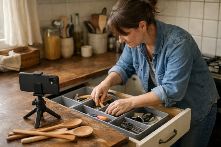 Iemand filmt met een telefoon hoe een keukenla wordt opgeruimd voor een TikTok video.