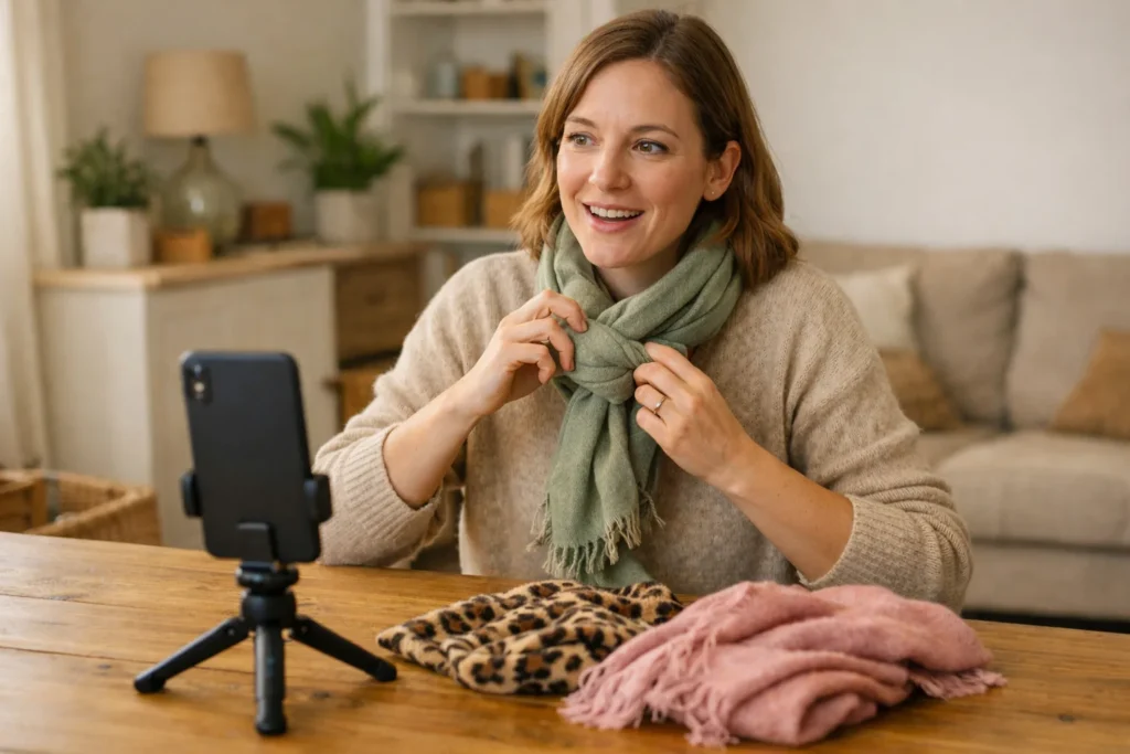Een persoon laat voor een smartphone op statief zien hoe je een sjaal knoopt tijdens een live uitzending.