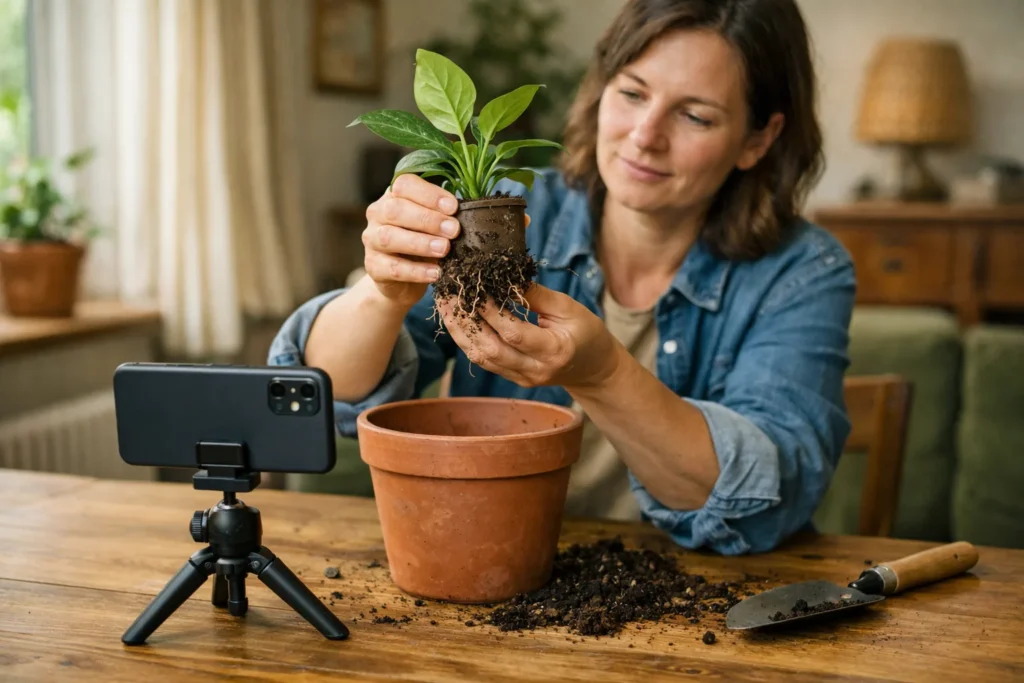 Iemand filmt het verpotten van een kamerplant met een smartphone op een tafelstatief.
