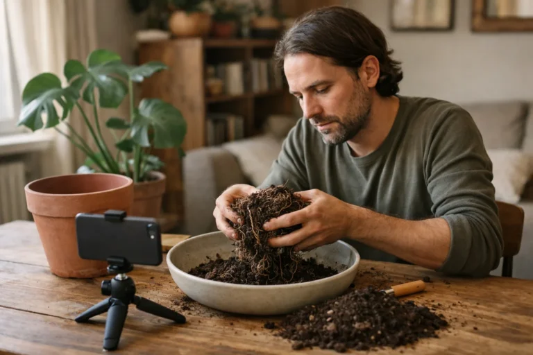 Een persoon filmt thuis met een telefoon hoe je een monstera verpot voor een YouTube video.